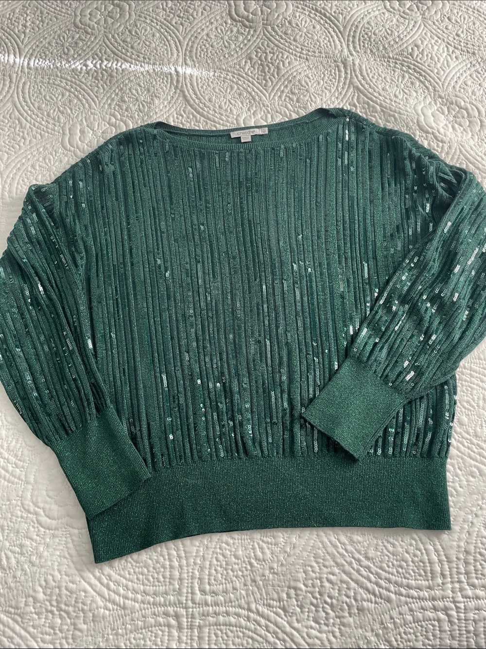 Chico”s Sequined Emerald light sweater.